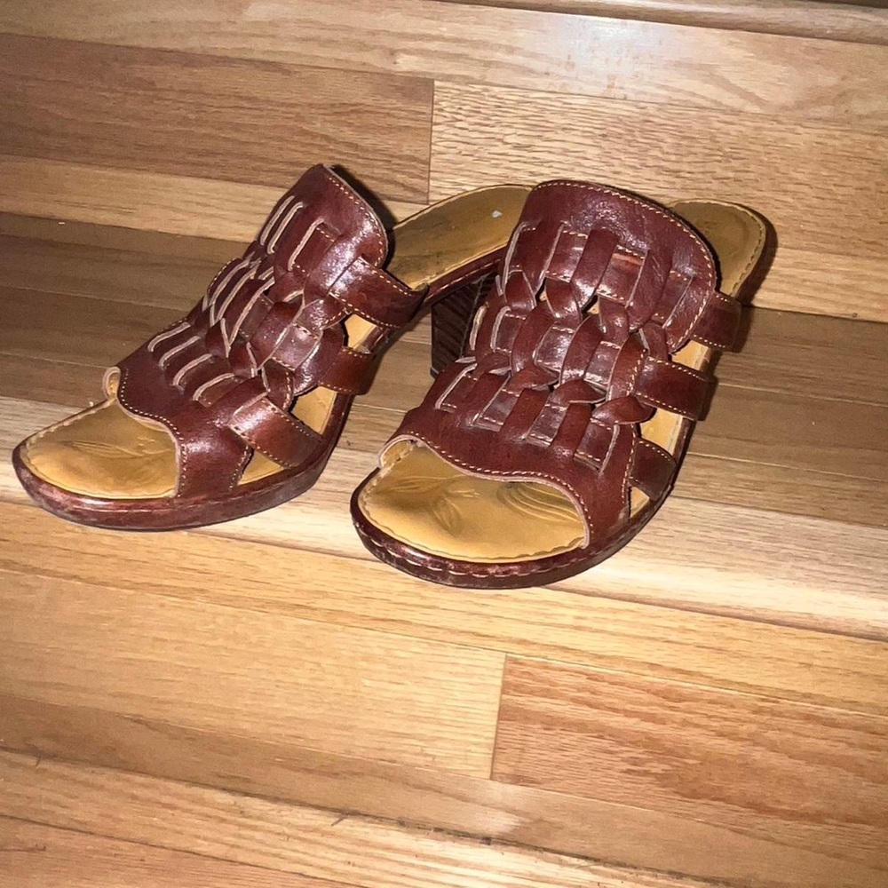 børn shoes leather sandals thick band woven leather saddle heels